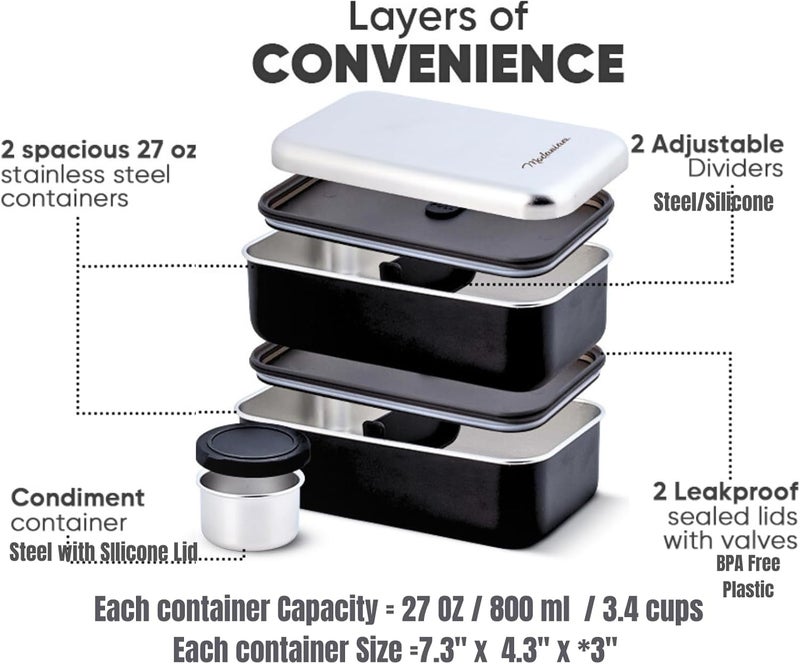 Modaniam LEAK Proof Stackable Stainless Steel Bento Box Adult |Stainless Steel Lunch Box for adults| Metal Bento box|Japanese Lunch Container |large with compartment| Korean bentobox| Non toxic|Microwave safe - Image 2